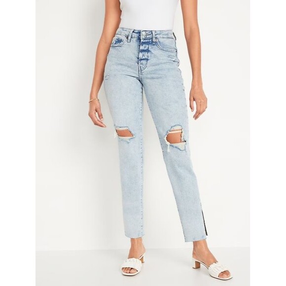 Old Navy OG Straight Ripped Side-Slit Jeans Womens 6 Petite Button Fly NEW - Picture 1 of 13